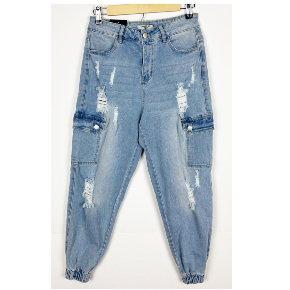 American Bazi Los Angeles Denim Joggers Baggy Distressed Denim Pockets Small - Picture 1 of 9